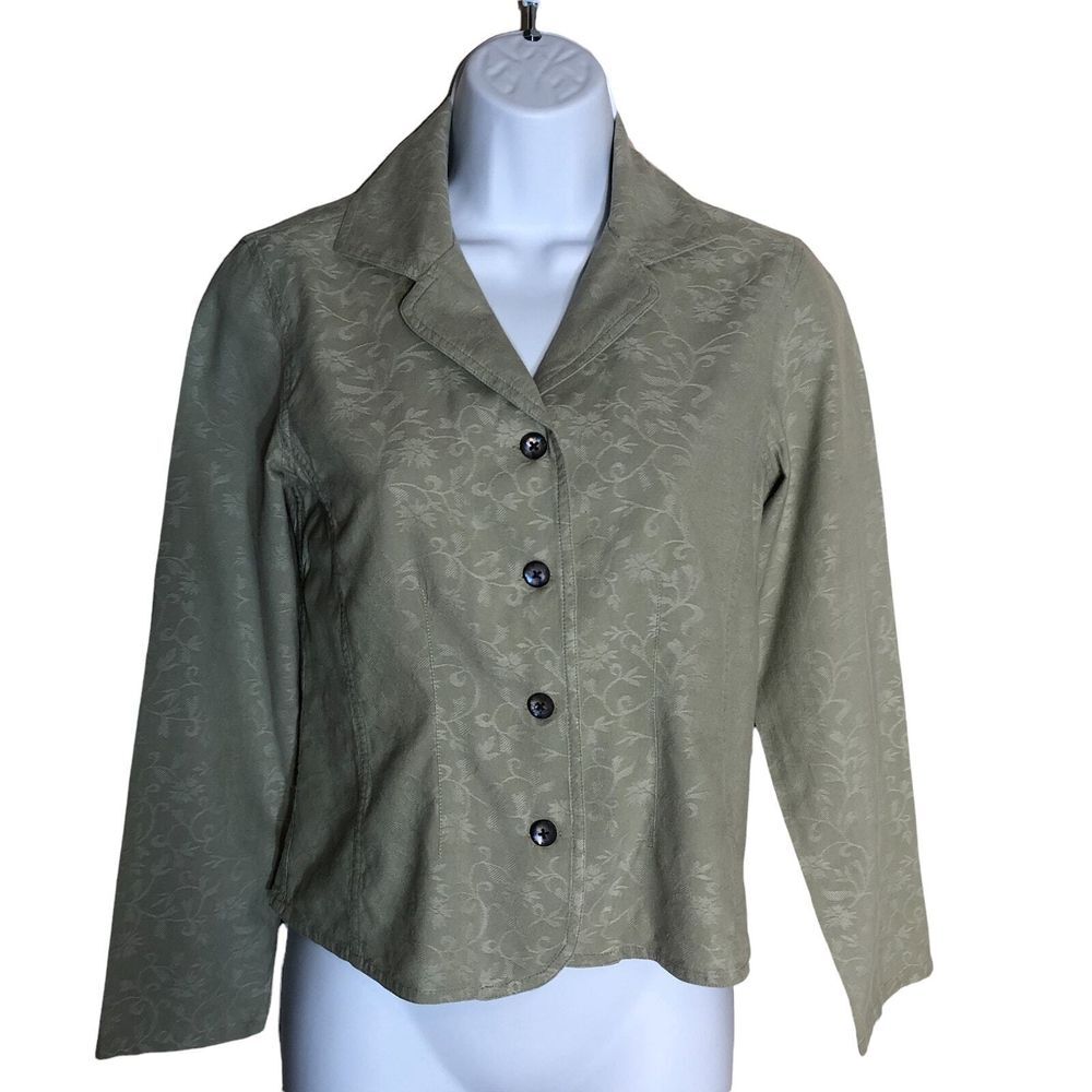 J.Jill Women's Size 2P Jacket Style Blouse 100% Cotton Sage‎ Damask